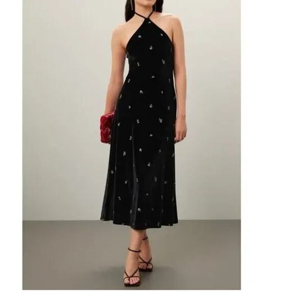 NWT WeWoreWhat Embroidered Flower Velvet High Neck Halter Midi Dress Black - Picture 12 of 16